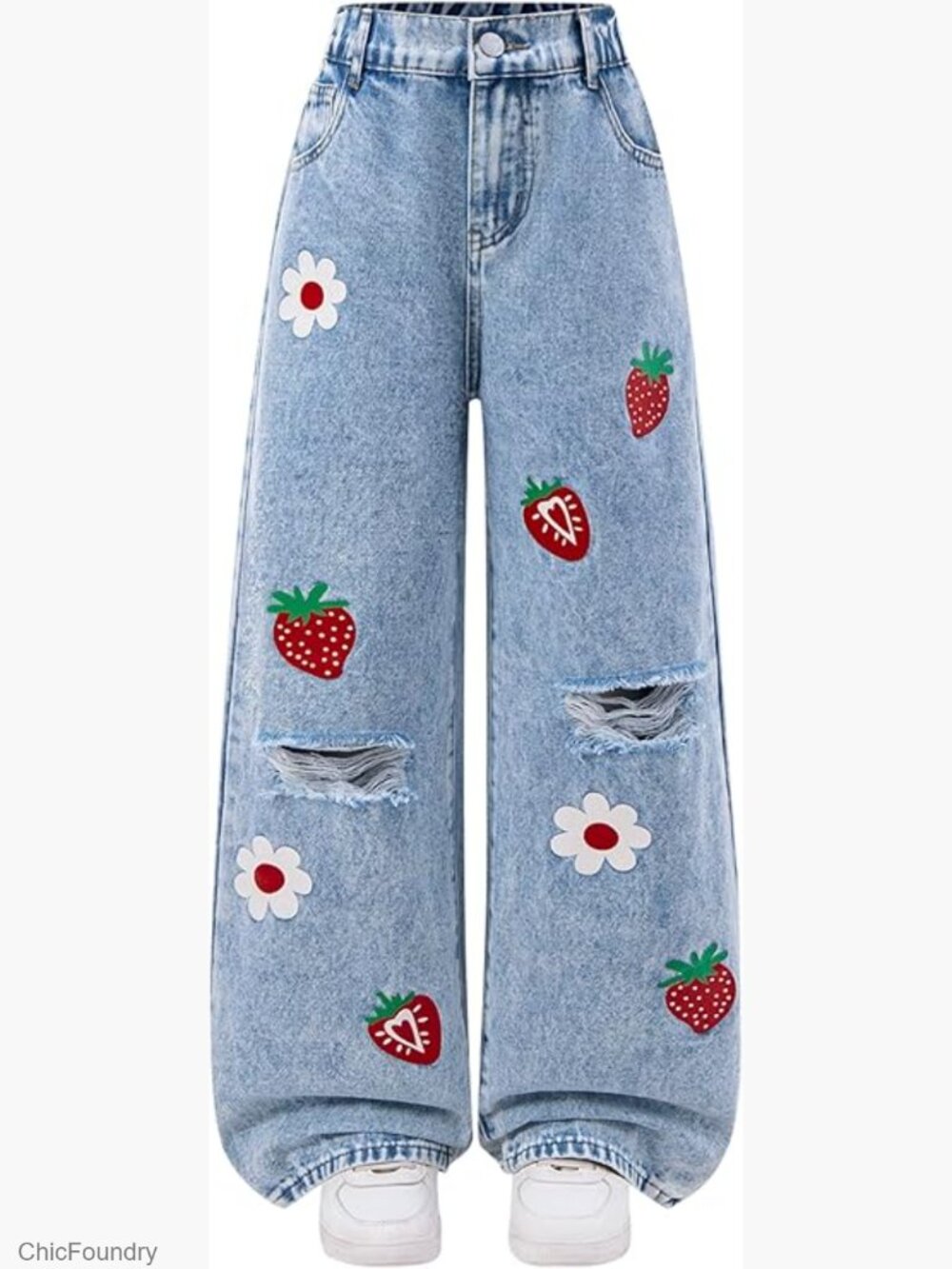 Girls Baggy Wide Leg Ripped Jeans Elastic Waist Y2K Streetwear 7-14